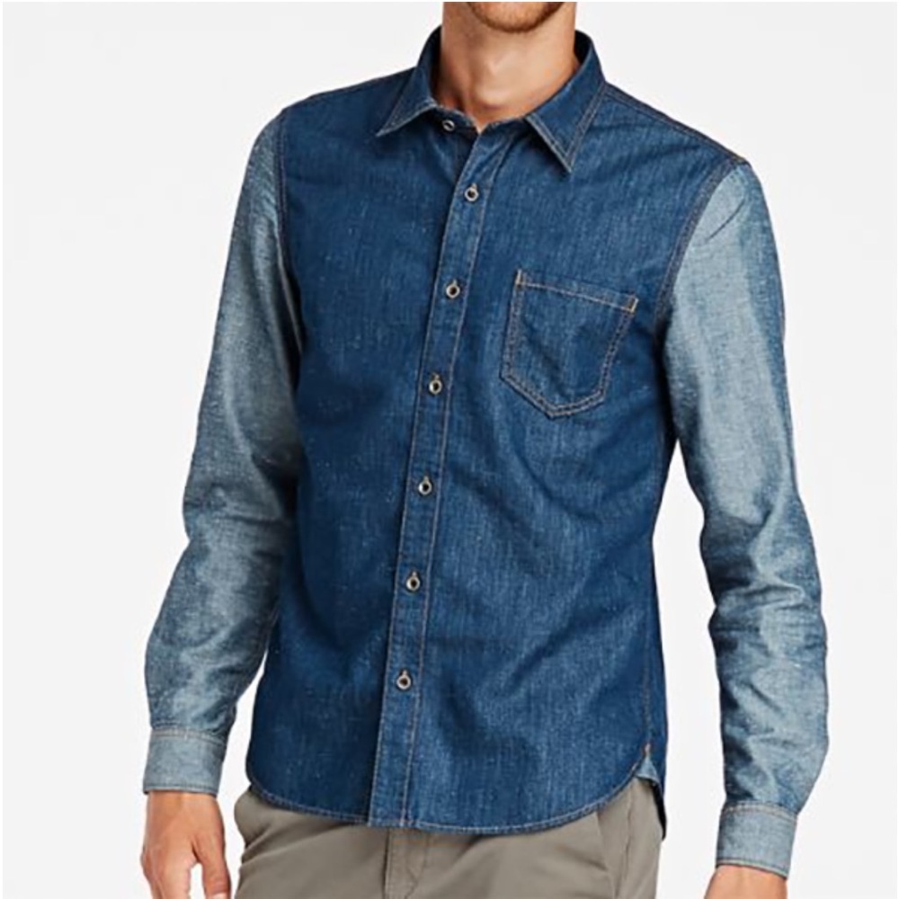 TIMBERLAND MEN BLUE-CONTRAST SLEEVE-SLIM FIT JAPANESE DENIM BUTTON FRONT SHIRT